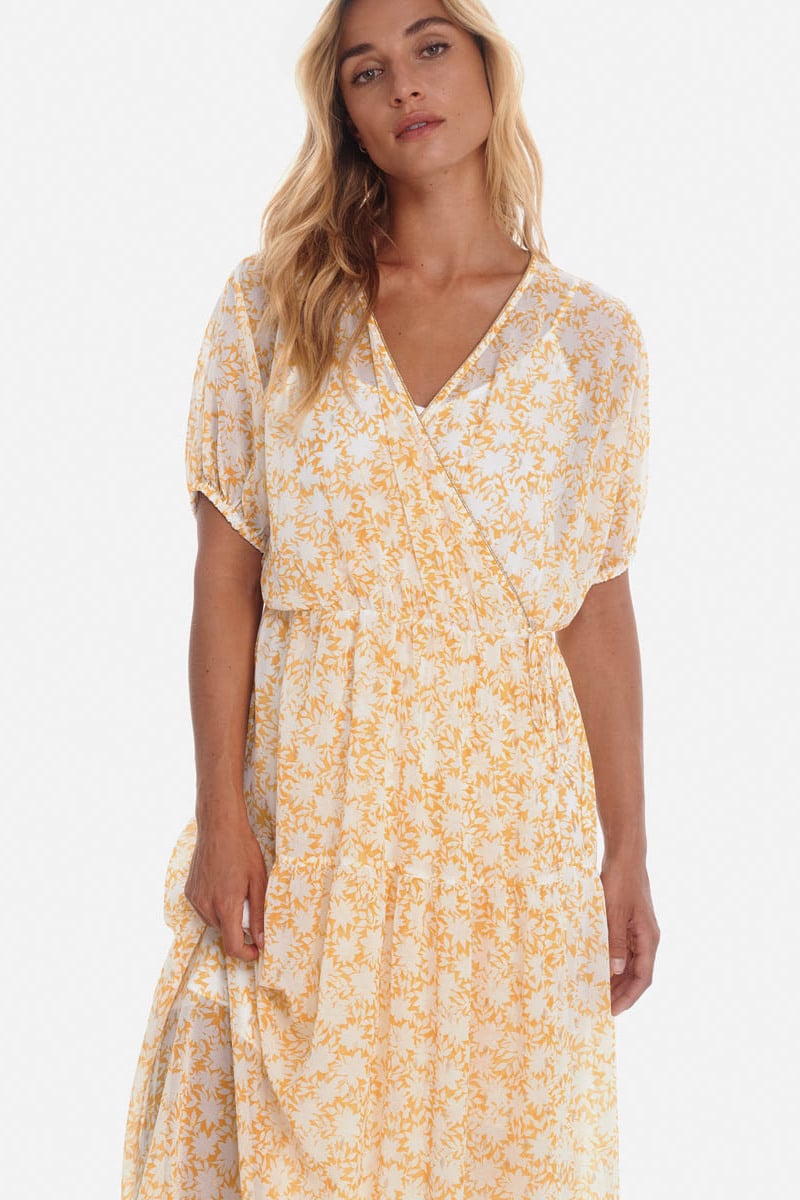 Robe longue Bilbao à motif floral jaune