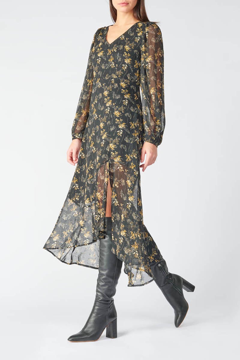 Robe longue Chic noire à motif fleuri