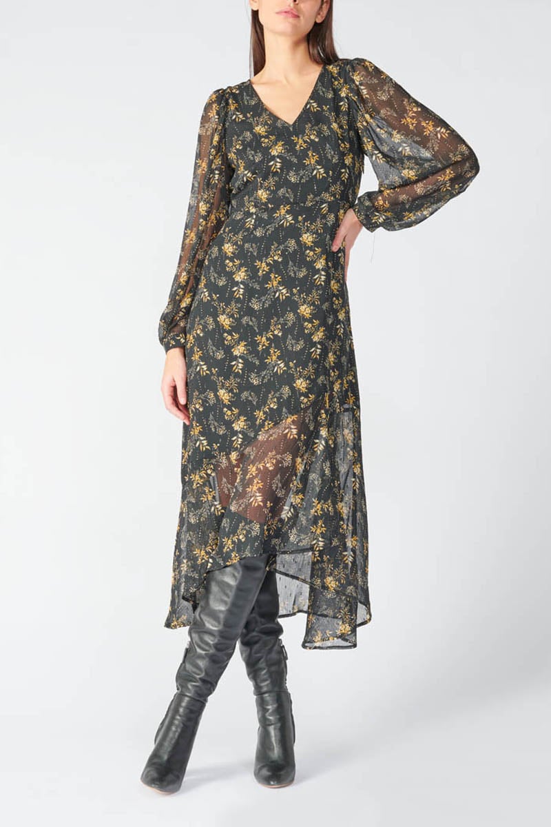 Robe longue Chic noire à motif fleuri