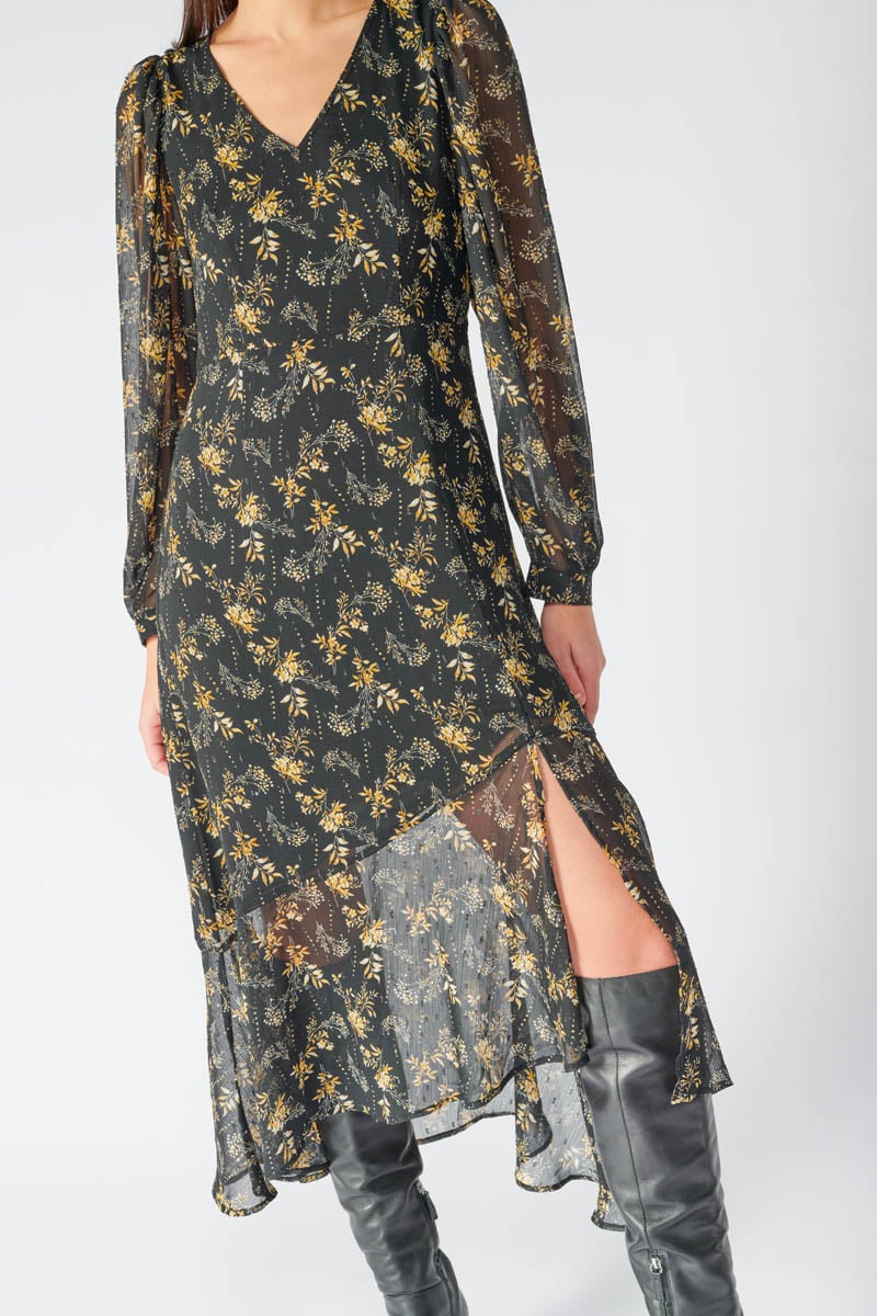 Robe longue Chic noire à motif fleuri