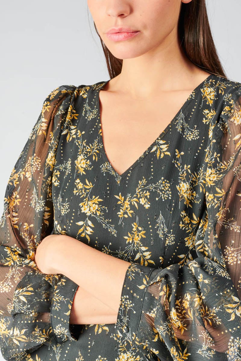Robe longue Chic noire à motif fleuri