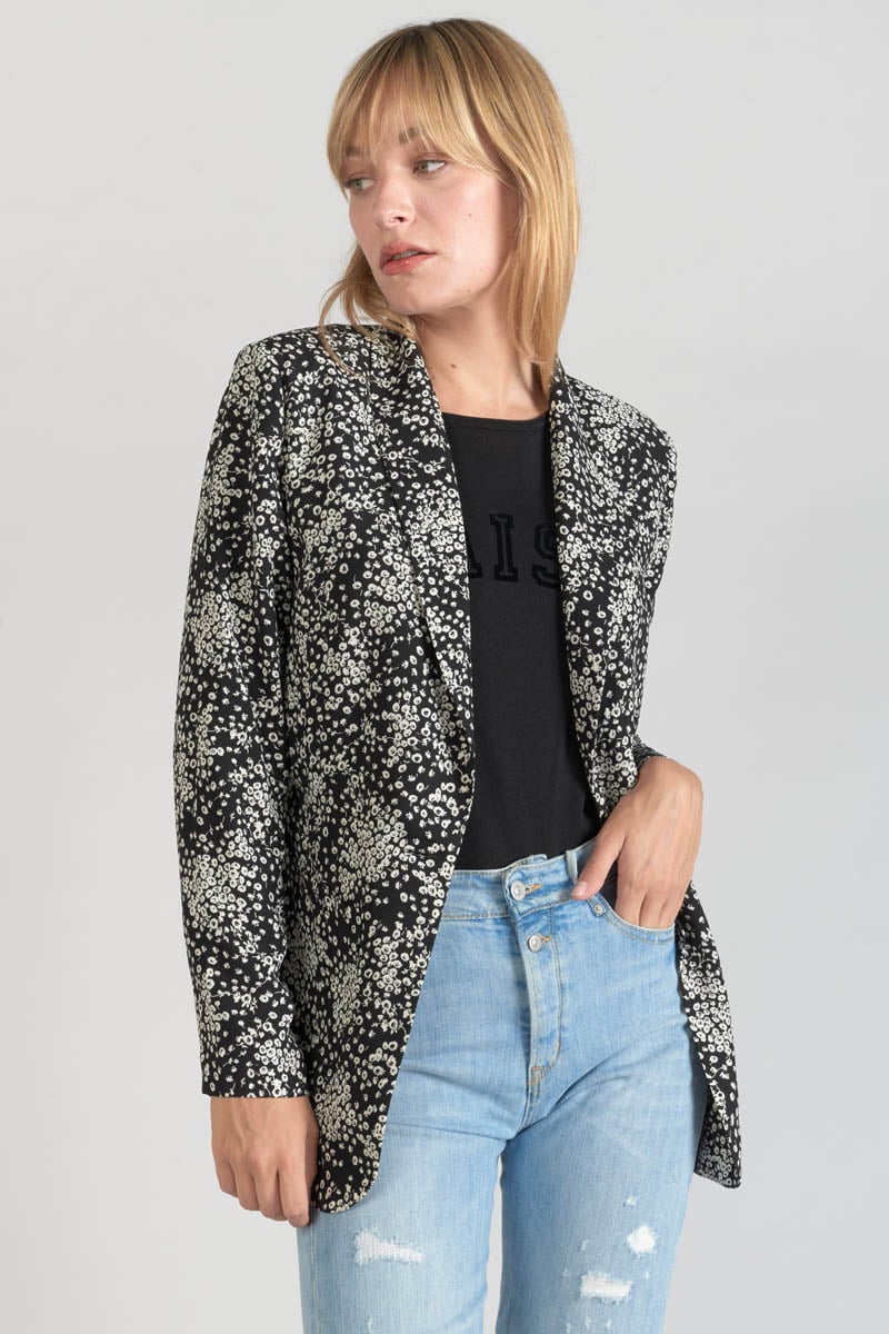Veste blazer Urielle à motif fleuri noir et blanc
