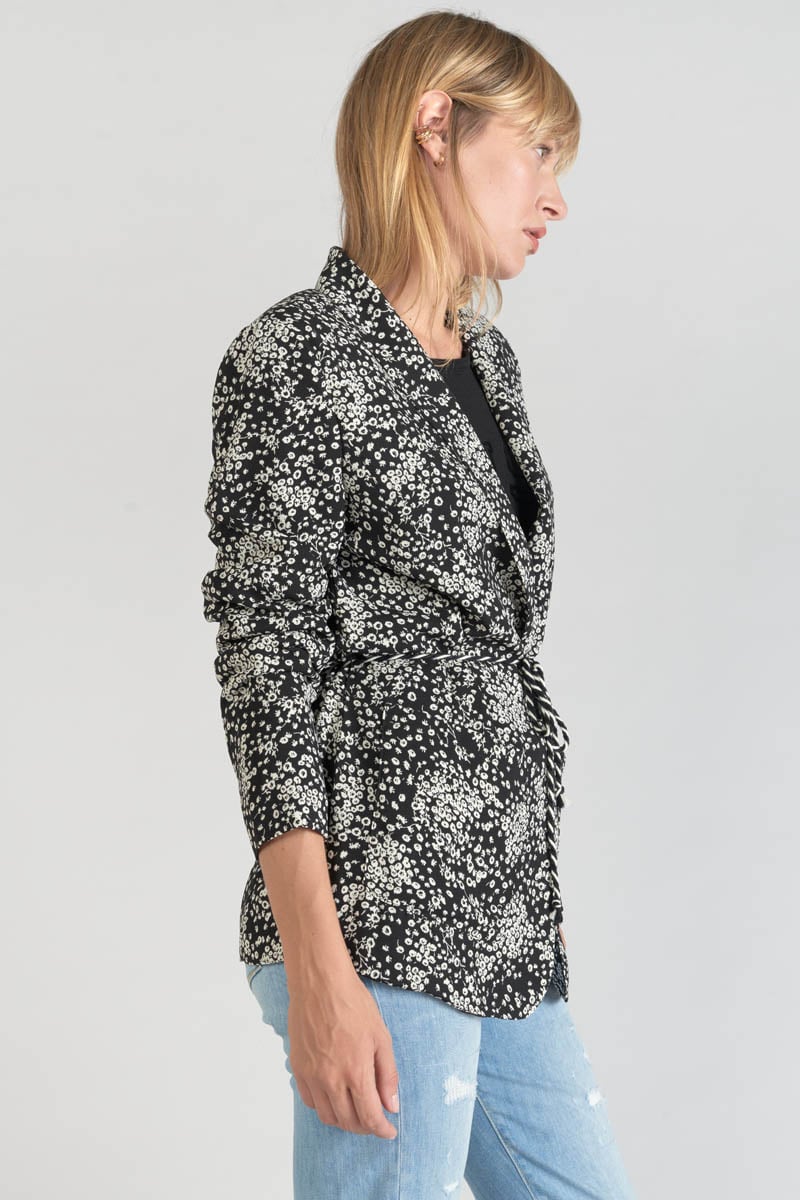 Veste blazer Urielle à motif fleuri noir et blanc