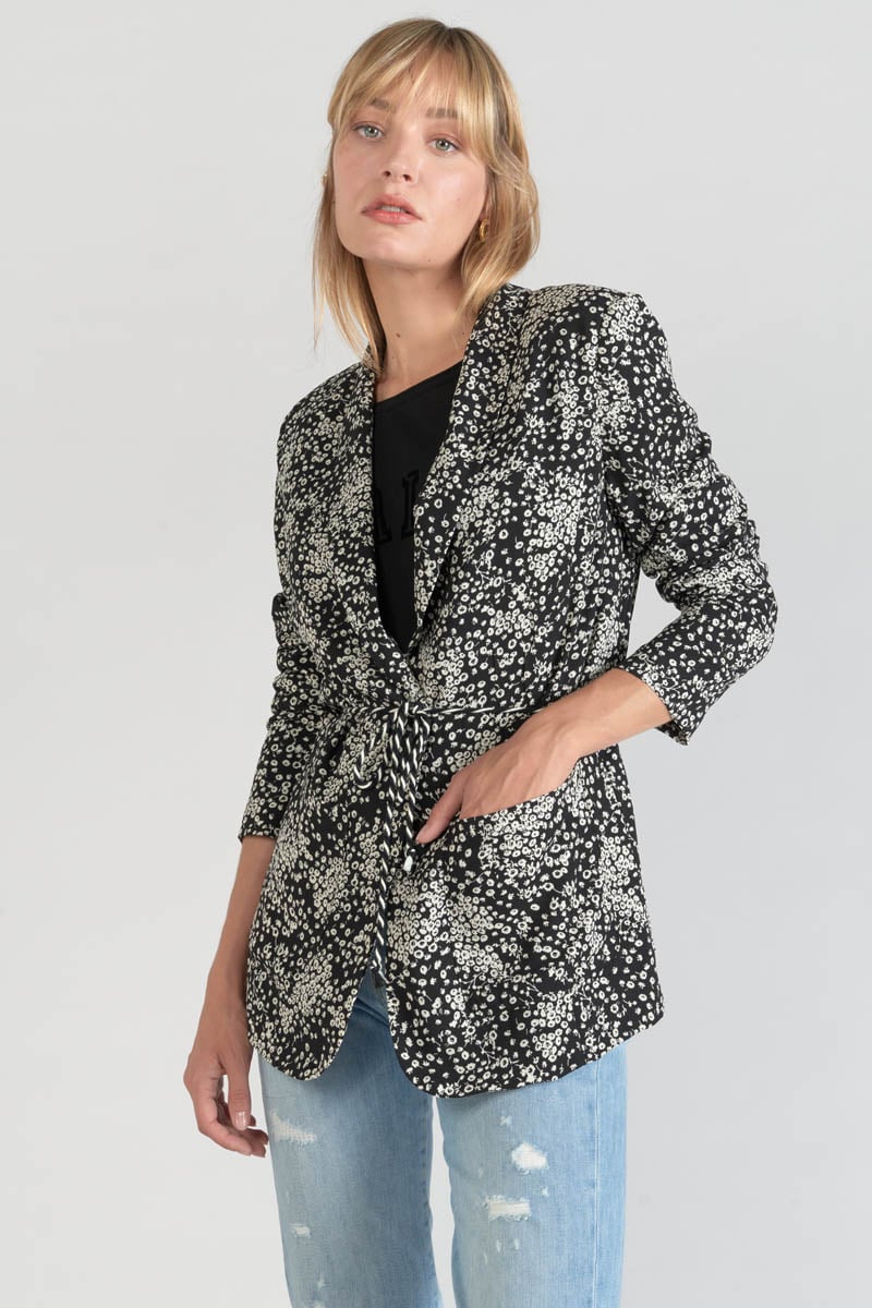 Veste blazer Urielle à motif fleuri noir et blanc