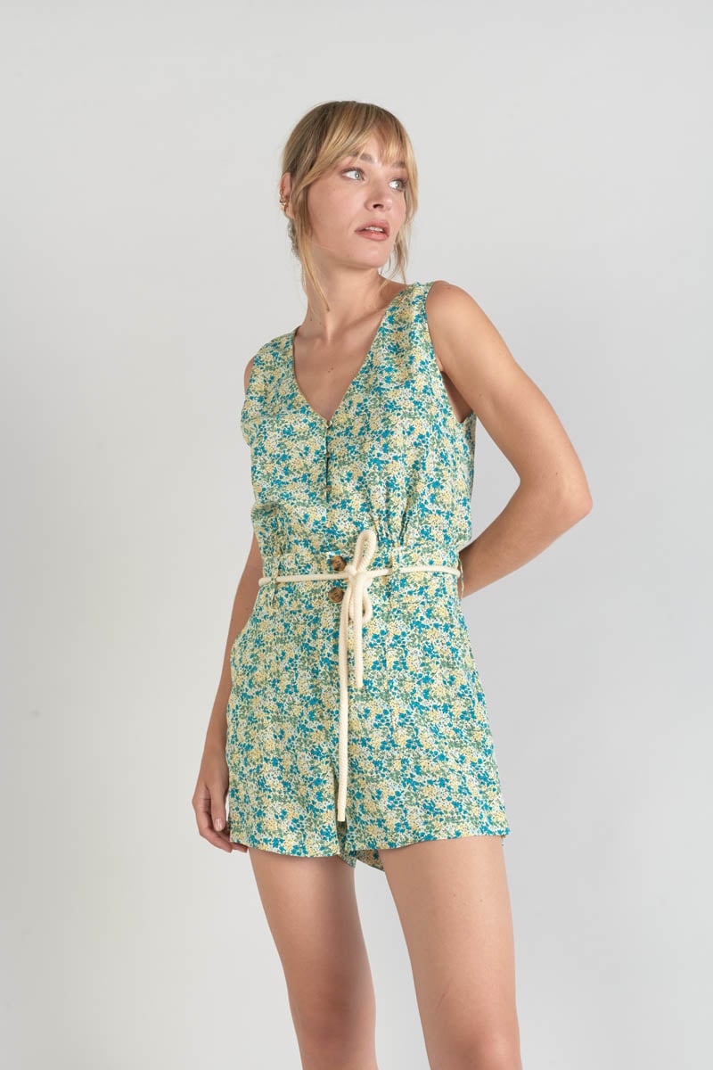 Short Lamet à motif fleuri vert et bleu