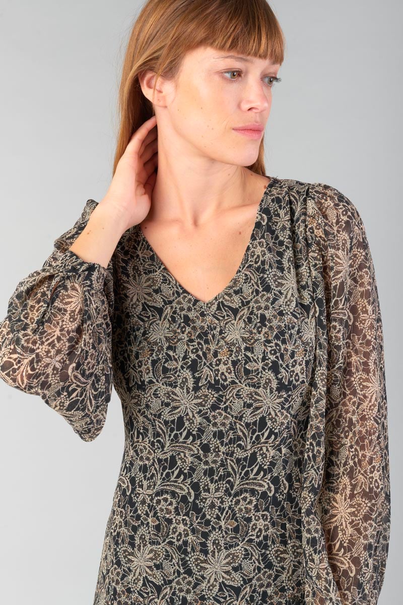 Robe longue Kip noire à motif fleuri