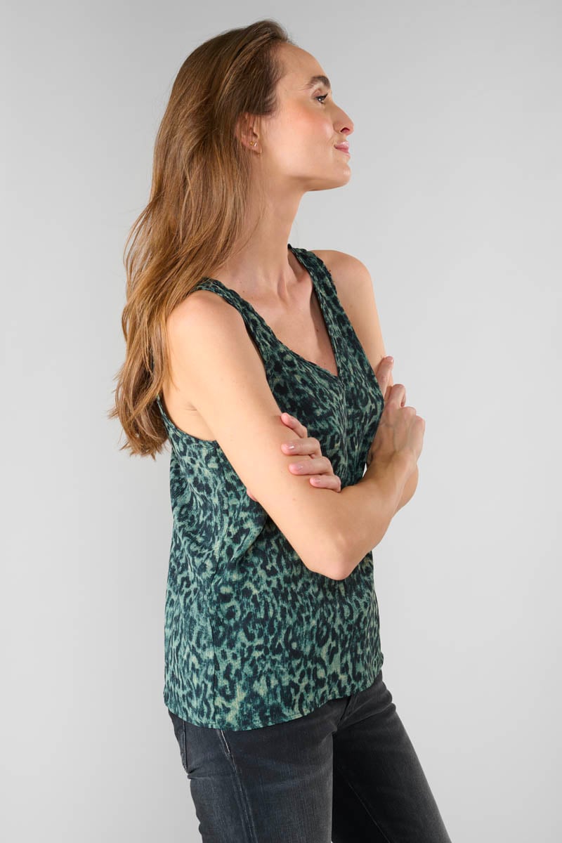 Top Coqueli kaki à motif léopard 