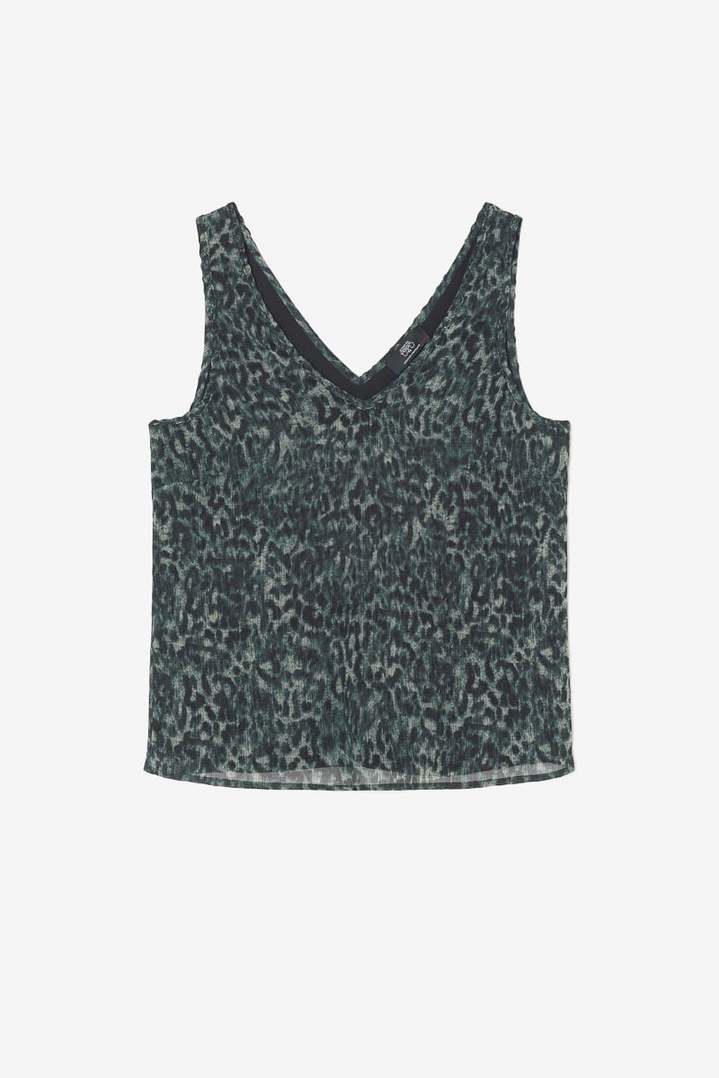 Top Coqueli kaki à motif léopard 