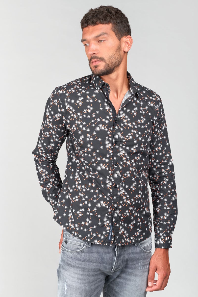 Chemise Gebas noire à motif feuilles