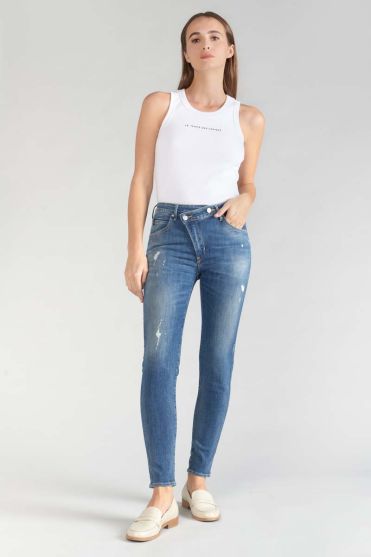 Jeans power skinny taille haute 7/8ème destroy bleu N°2