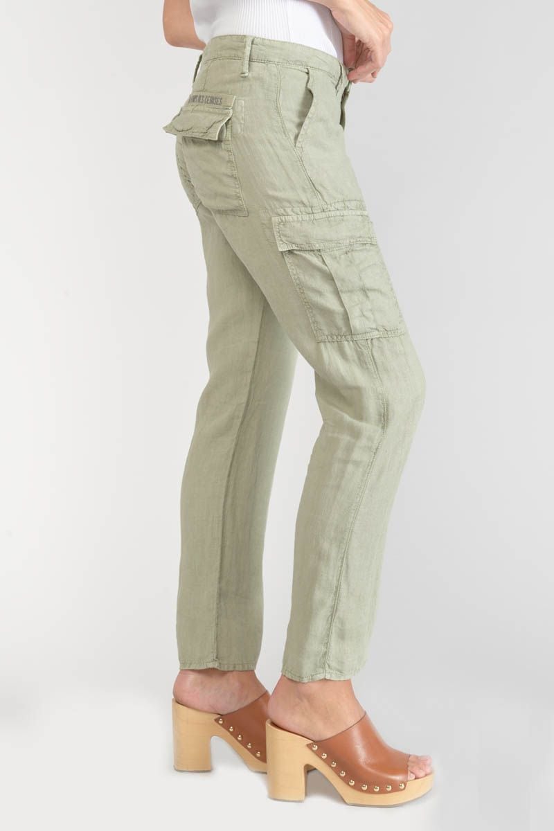 Pantalon femme fluide paper bag vert amande poches à volants - 21086