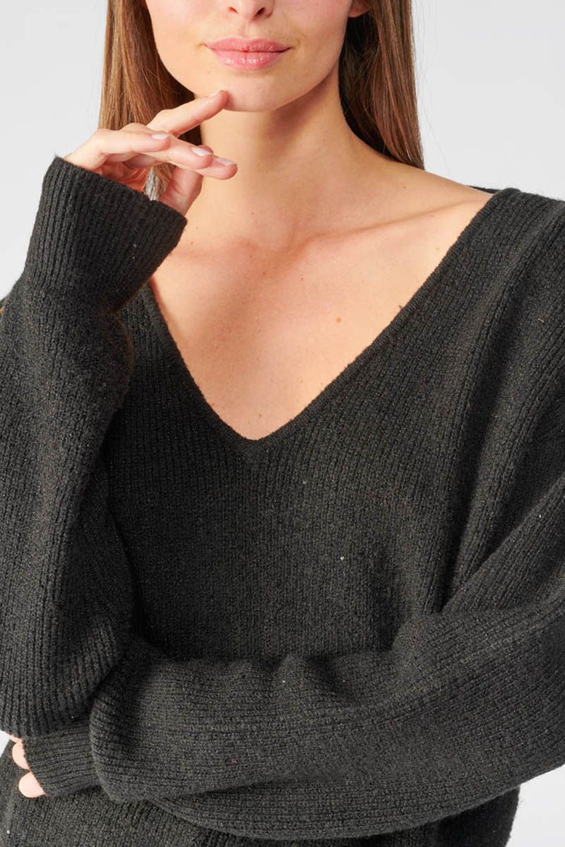Pull Hiver Le Temps Des Cerises - Modèle Stefy 0001 Noir, Côtelé, Avec Broderie Ton Sur Ton
