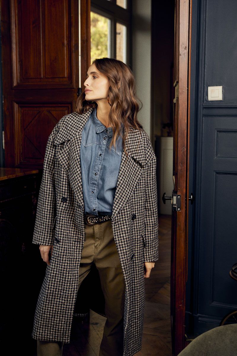 Manteau long Micha à motif pied de poule marron Manteau Femme