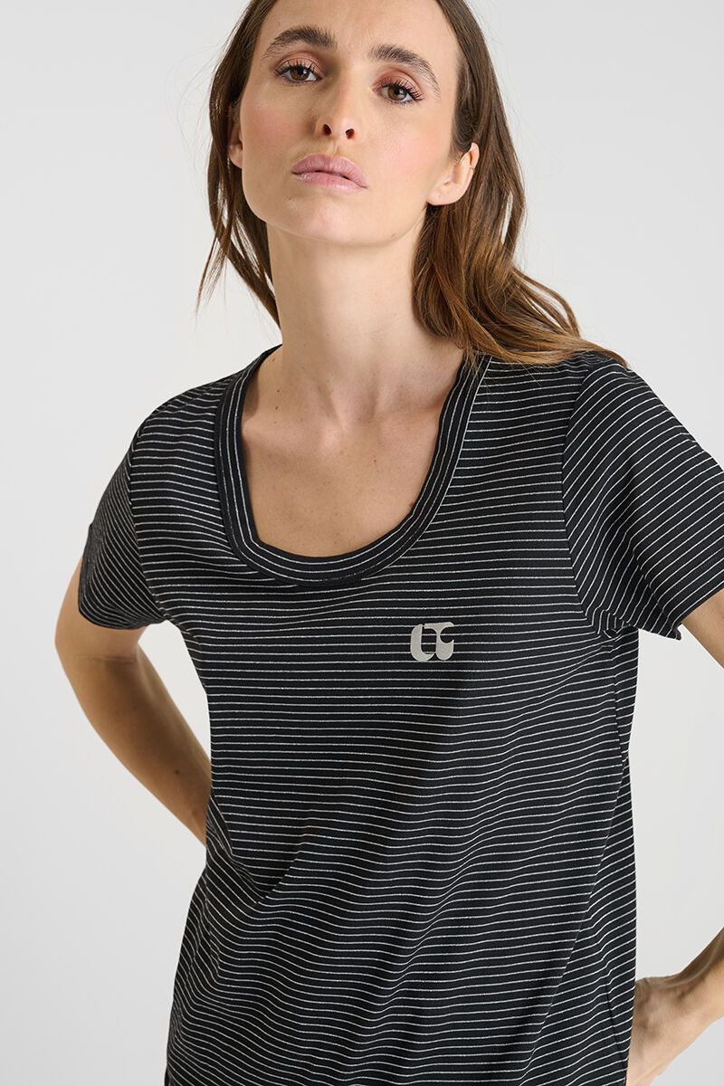 Tee Shirt Femme Le Temps Des Cerises - Modèle Edwige 0001 Noir - Rayures Brillantes Et Monogramme Argenté - T-shirt Basique Chic - 6