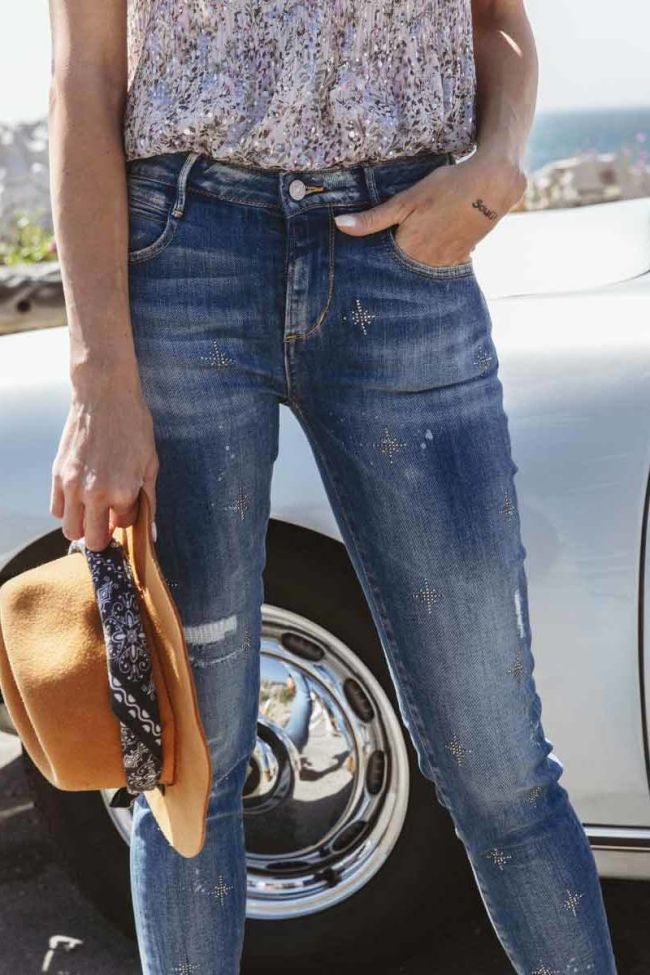 Jeans power skinny 7/8ème Seoul destroy avec strass bleu N°4