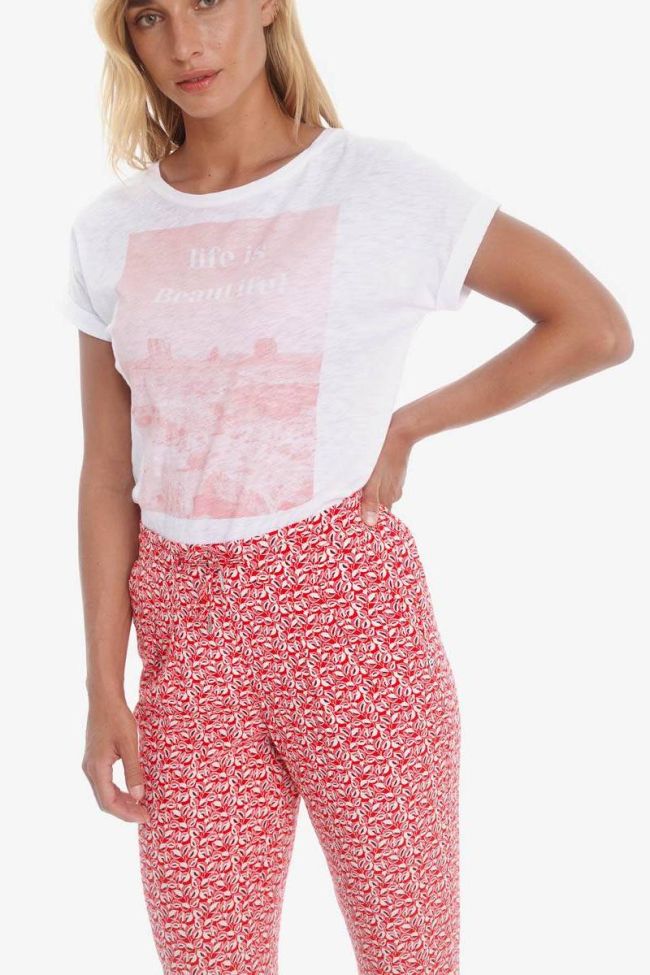 Pantalon Burgos rouge à motif feuilles