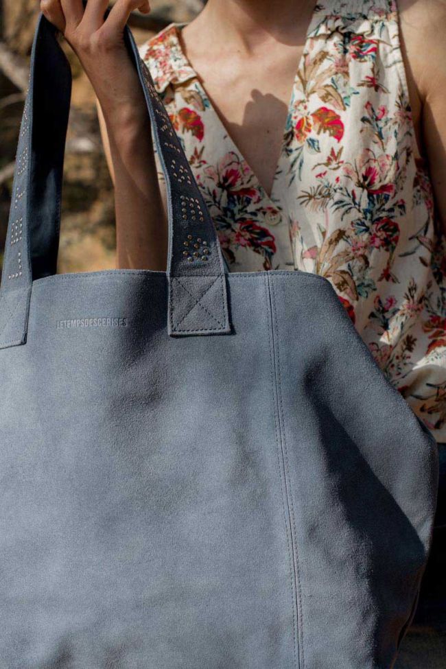 Sac cabas Micky en cuir suède bleu gris