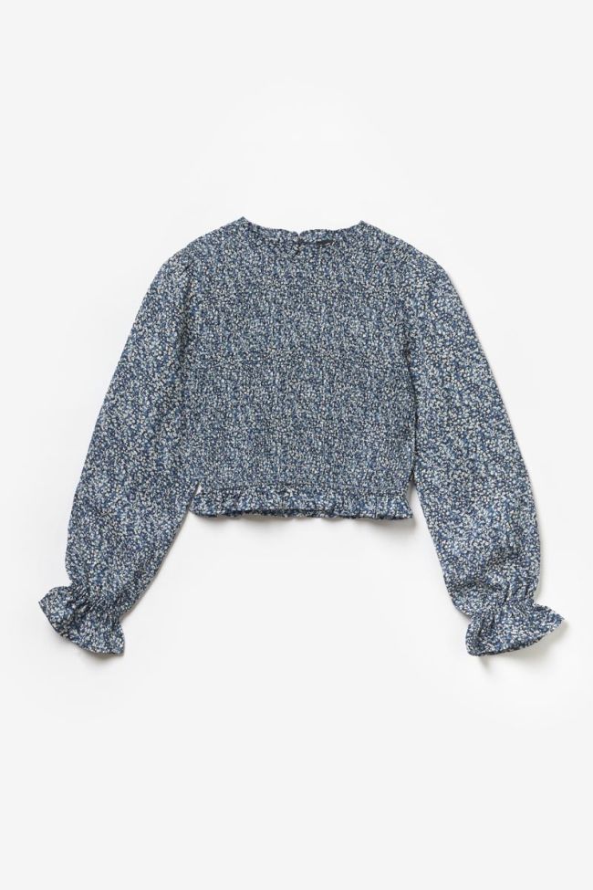 Blouse courte Sangi à motif fleuri bleu