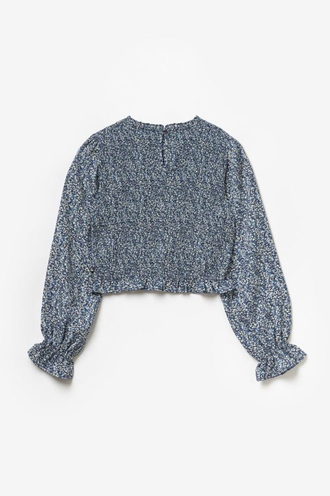 Blouse courte Sangi à motif fleuri bleu