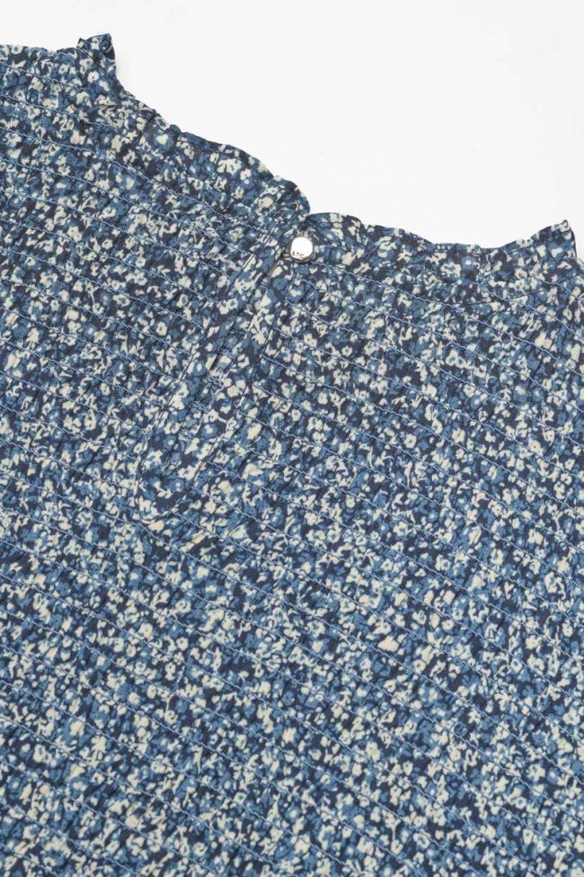 Blouse courte Sangi à motif fleuri bleu