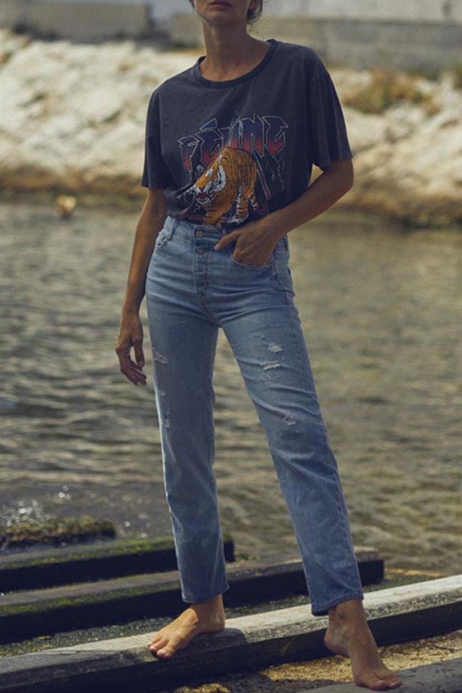 Jeans 400/18 mom Basic taille haute 7/8ème destroy bleu N°4