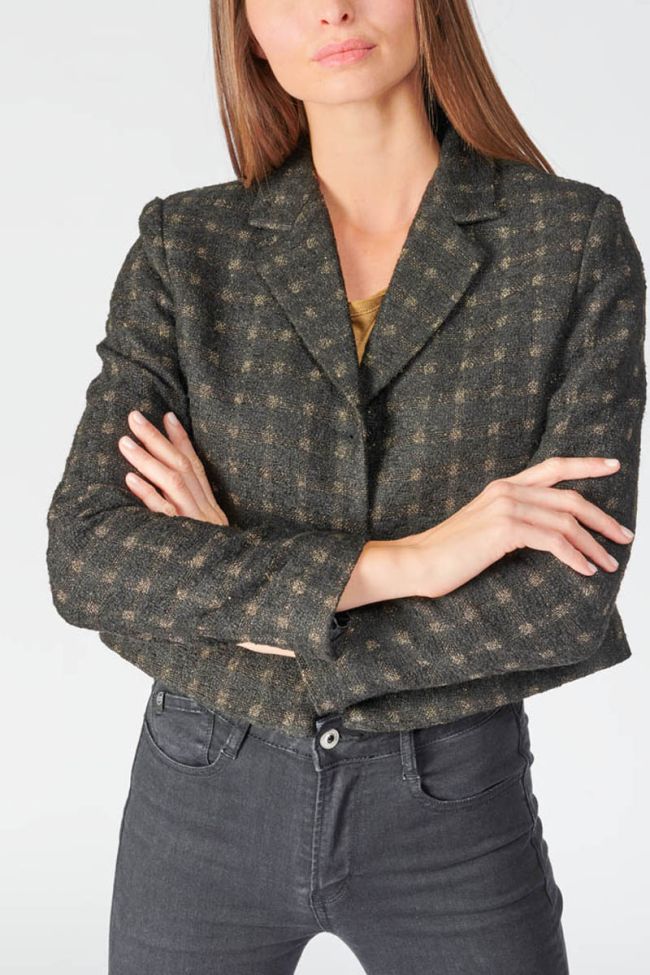 Veste blazer courte Cat noire à carreaux dorés