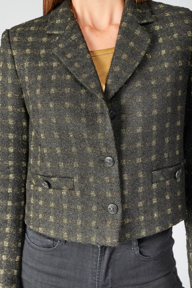 Veste blazer courte Cat noire à carreaux dorés