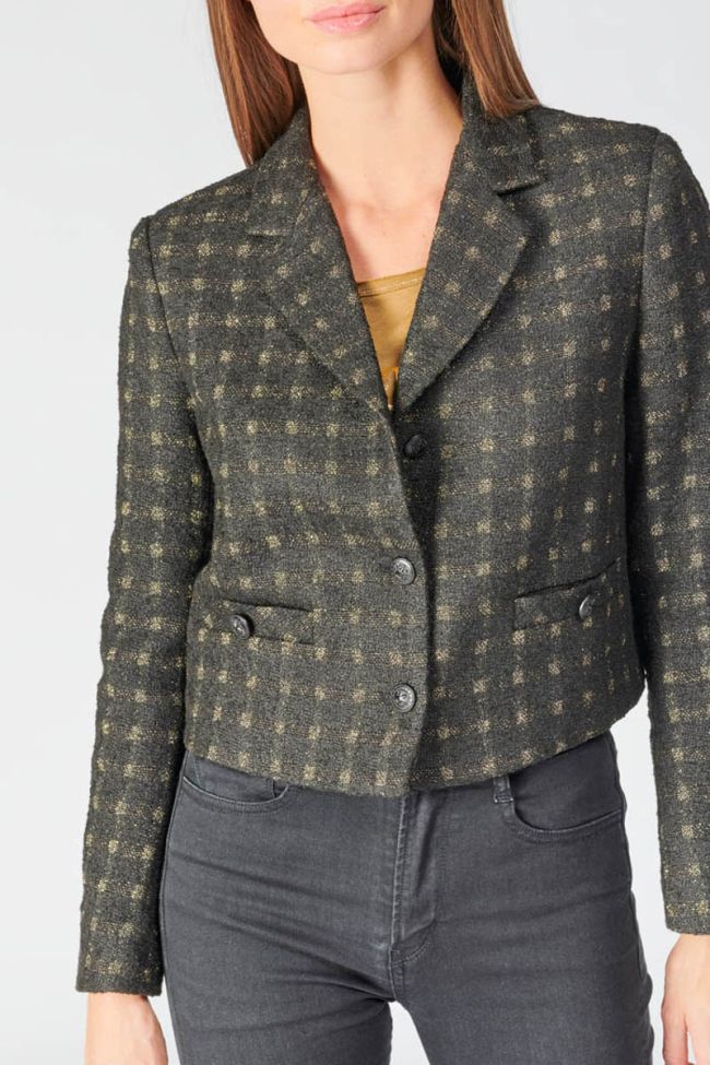 Veste blazer courte Cat noire à carreaux dorés