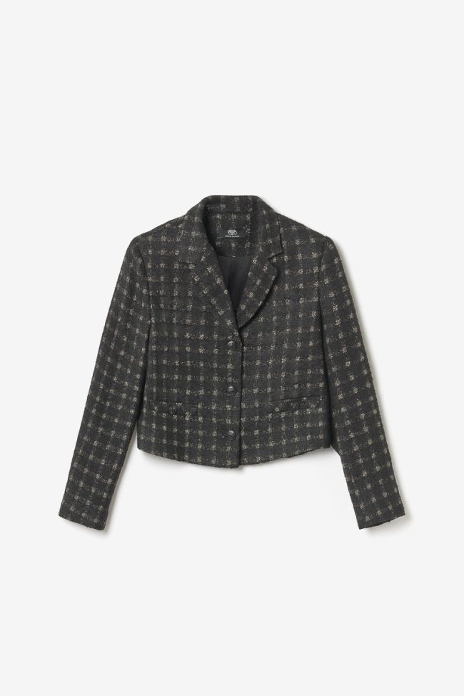Veste blazer courte Cat noire à carreaux dorés