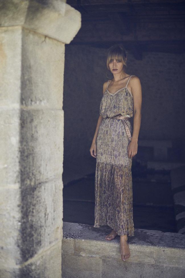 Jupe longue Ran dorée à motif fleuri