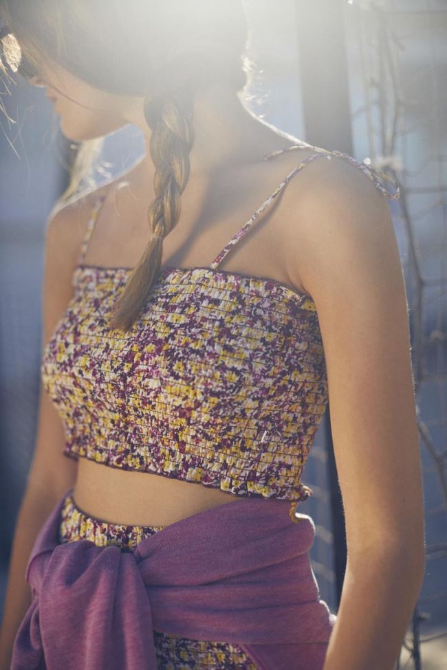 Top court Janisgi à motif floral rose et jaune