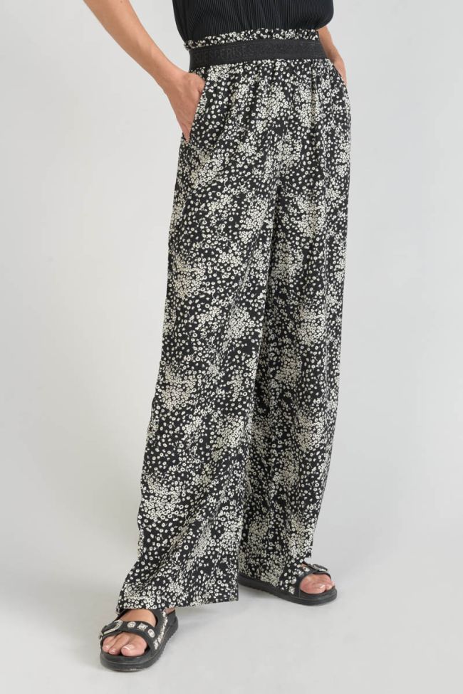 Pantalon fluide Luisa à motif fleuri noir et blanc