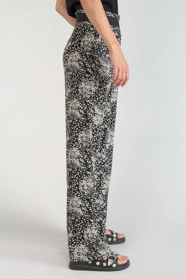 Pantalon fluide Luisa à motif fleuri noir et blanc