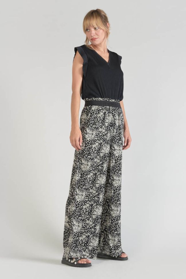 Pantalon fluide Luisa à motif fleuri noir et blanc
