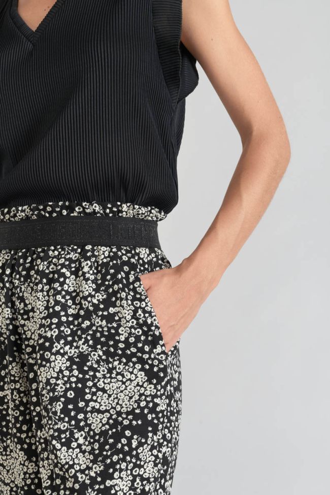Pantalon fluide Luisa à motif fleuri noir et blanc