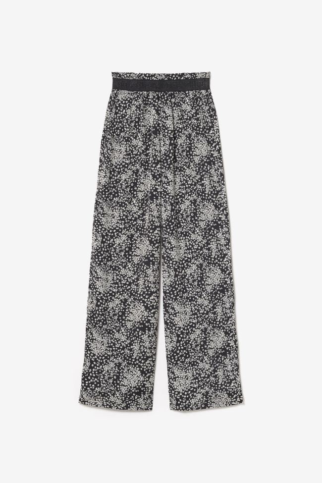Pantalon fluide Luisa à motif fleuri noir et blanc