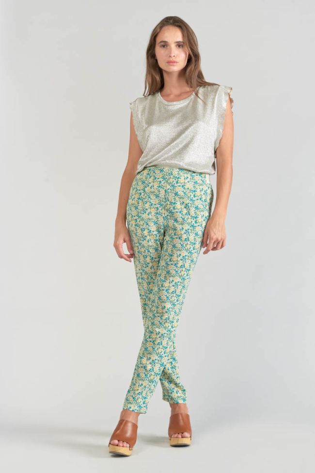 Pantalon Rani à motif fleuri vert et bleu