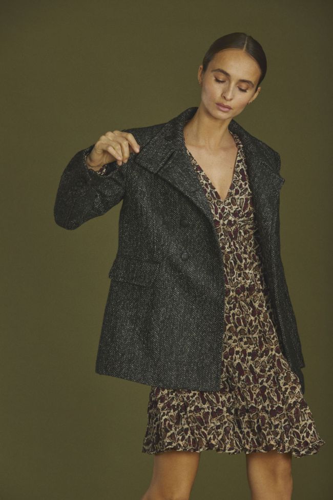 Manteau Capucin en laine mélangée noire à chevrons