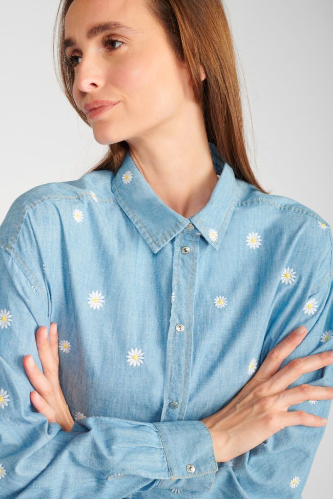 Chemise oversize Aubepin bleu denim brodée