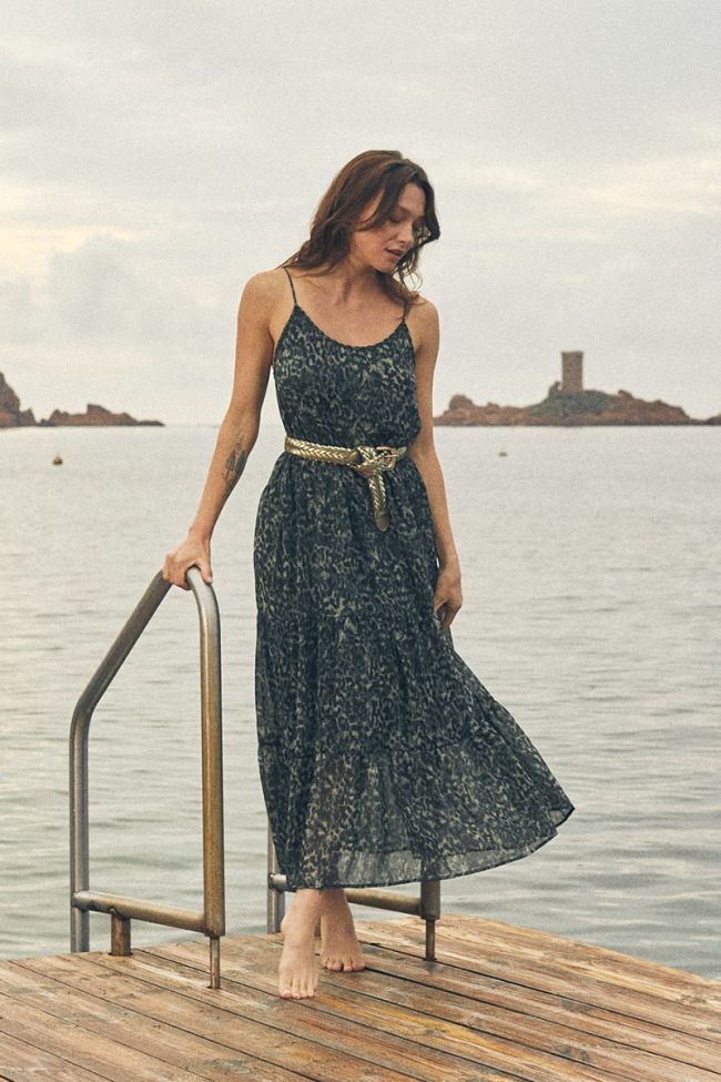 Robe longue Lisaka kaki à motif léopard