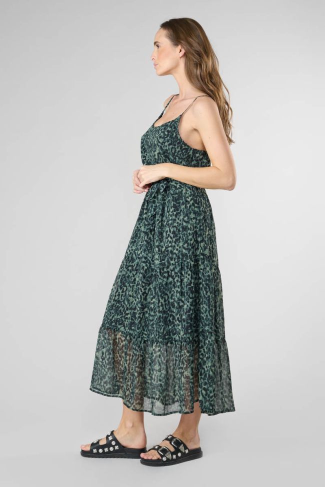 Robe longue Lisaka kaki à motif léopard