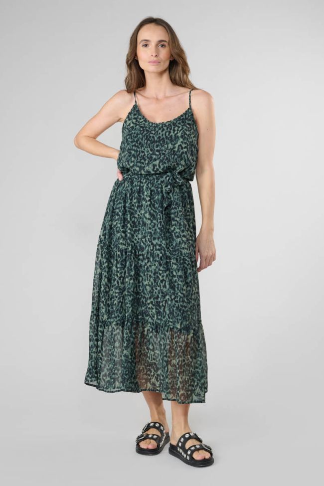 Robe longue Lisaka kaki à motif léopard