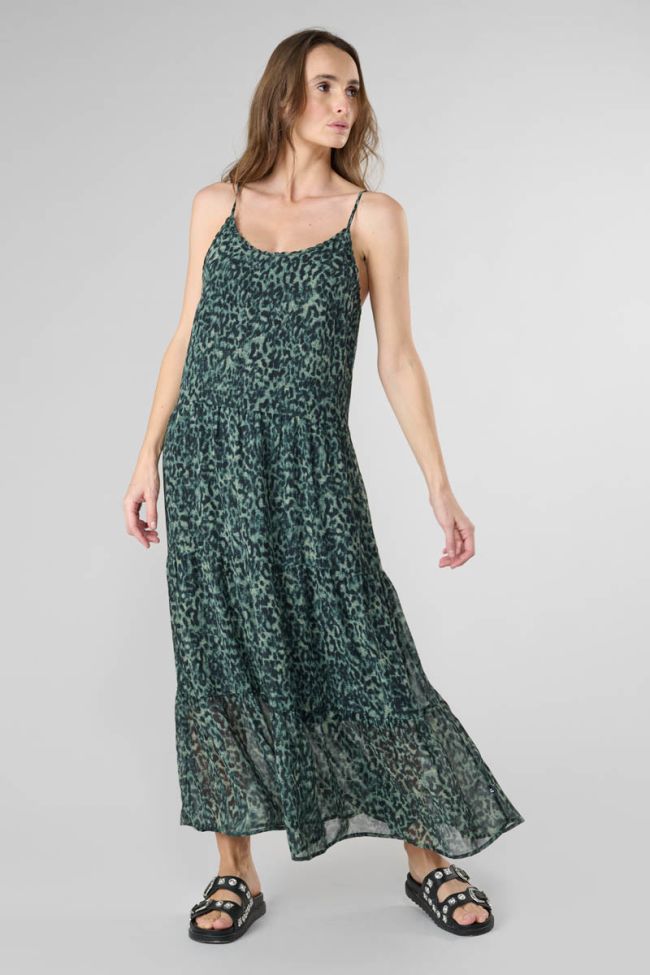 Robe longue Lisaka kaki à motif léopard