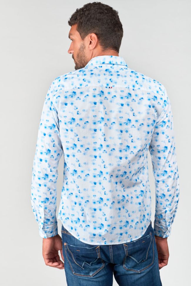 Chemise Homme à Manches Longues – Imprimé Fleurs Bleues Et Blanches – Coupe Droite, Polyester Doux – Décontracté
