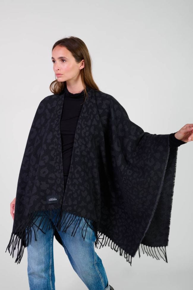Poncho Carzola noir à motif léopard