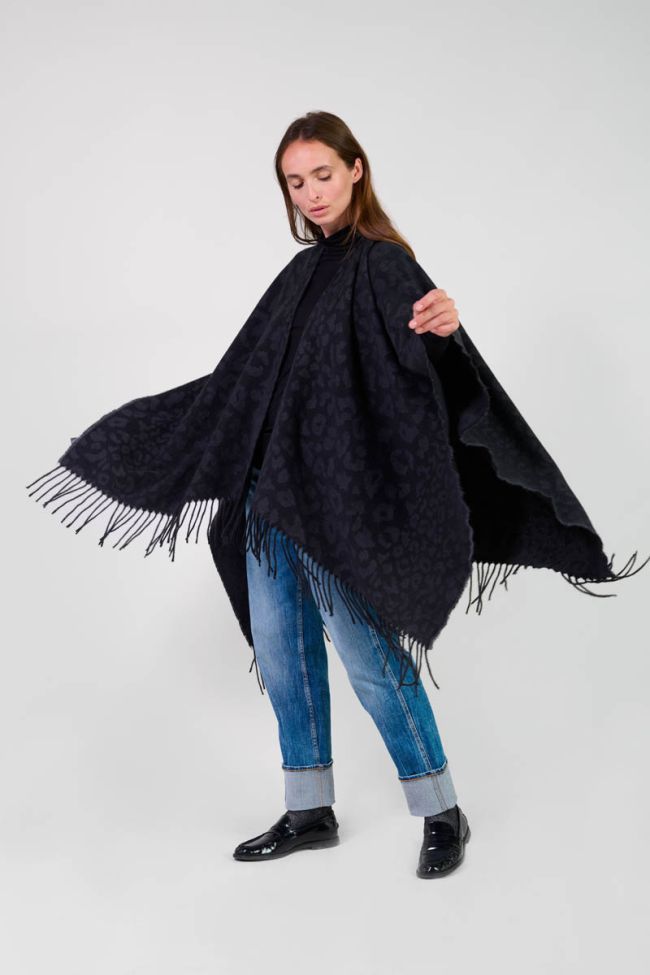 Poncho Carzola noir à motif léopard