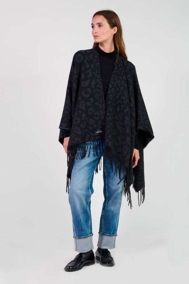 Poncho Carzola noir à motif léopard