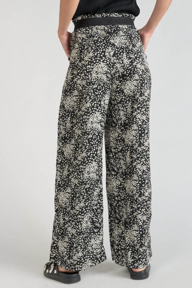Pantalon fluide Luisa à motif fleuri noir et blanc