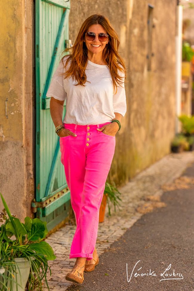 James 400/60 girlfriend by Véronika Loubry jeans taille haute rose fluo
